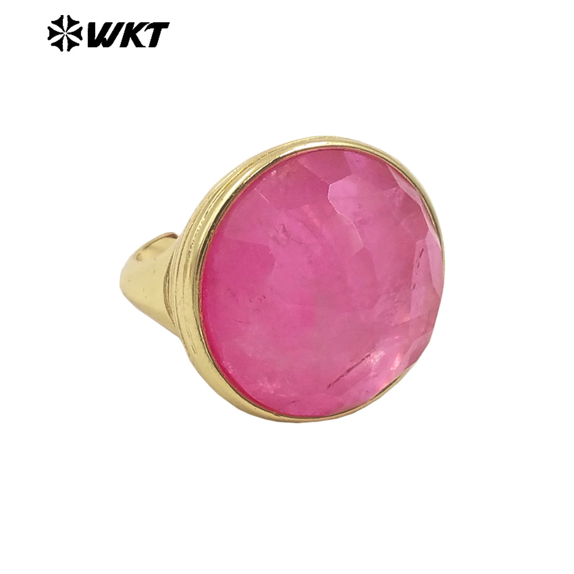 WT-R514 Wholesale New Design Big Round Natural Jade Spring Bright Color Women Gold Ring in Adjustable