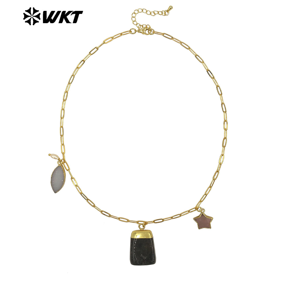 WT-N1489 Unique Design Natural Gemstones Necklace Gold Plated Chain With Three Stone Charms for Ladies Fashion Jewelry Gift