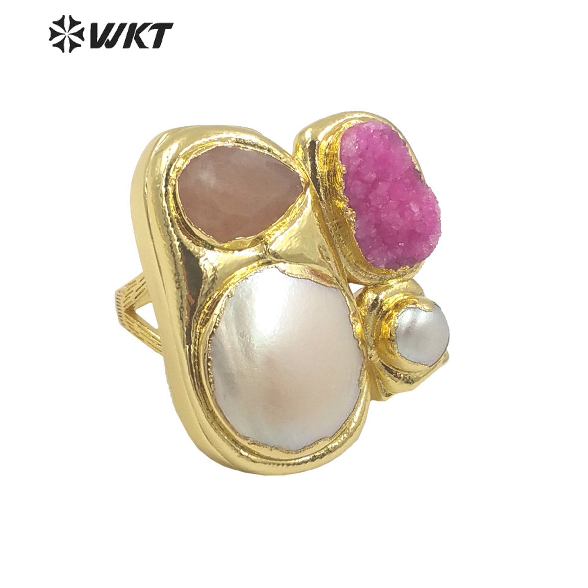WT-MPR083 Newest Exclusive WKT Design 18k Real Gold Plated Resist Tarnishable Multi Stone and Pearl Women Ring in Adjustable