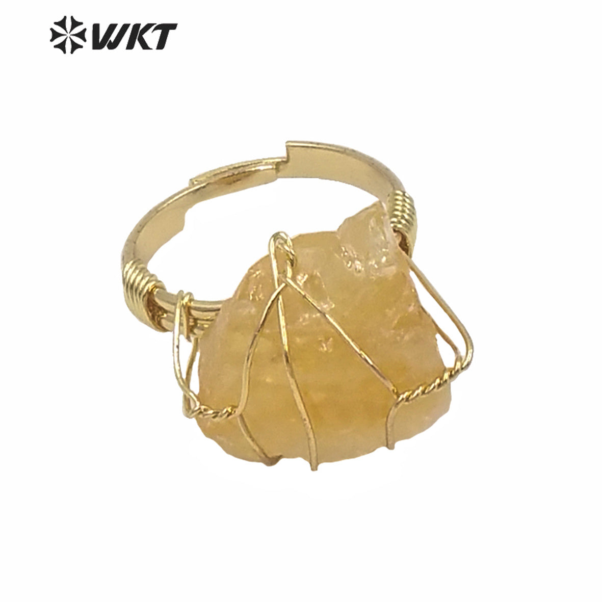 WT-R366 WKT New Design Gold Hand Make Wire Wrapped Mineral Stone Ring Women Fashion Hot Raw Quartz Fluorite Ring