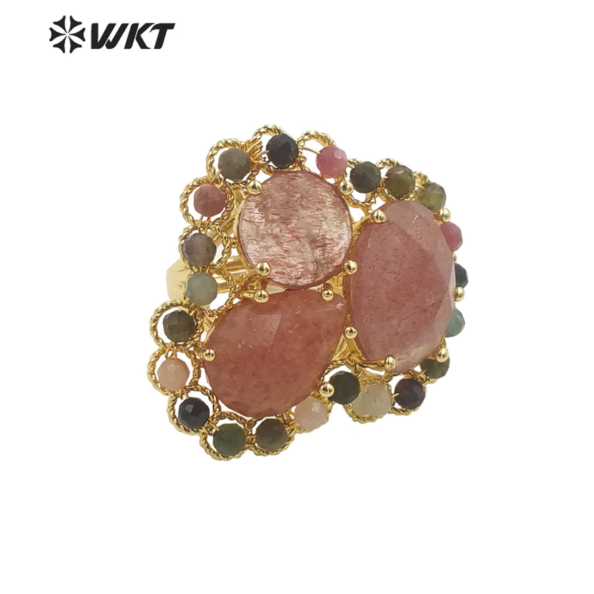 WT-R452 Newest Gold Bezel Natural Gemstone Cocktail Ring Big Exaggerated Luxury Gold Plated Women Triple Stone Ring