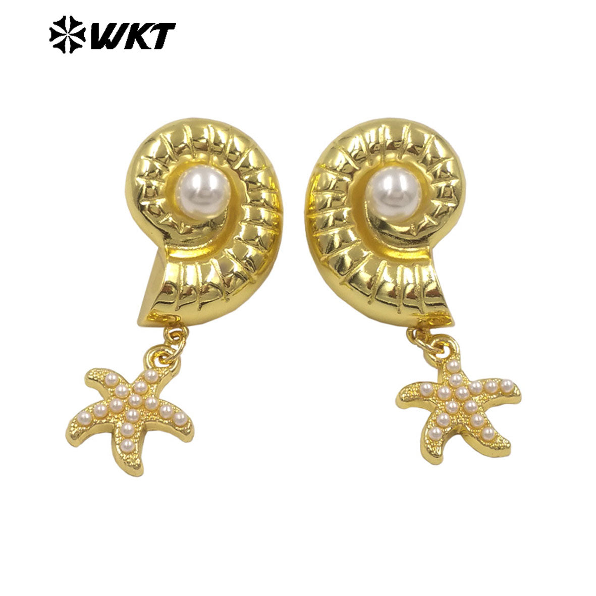 WT-ME134 Lovely Shell Shape Brass Gold Plated With Little Charm And Artificial Pearl Earrings For Women Daily Decoration
