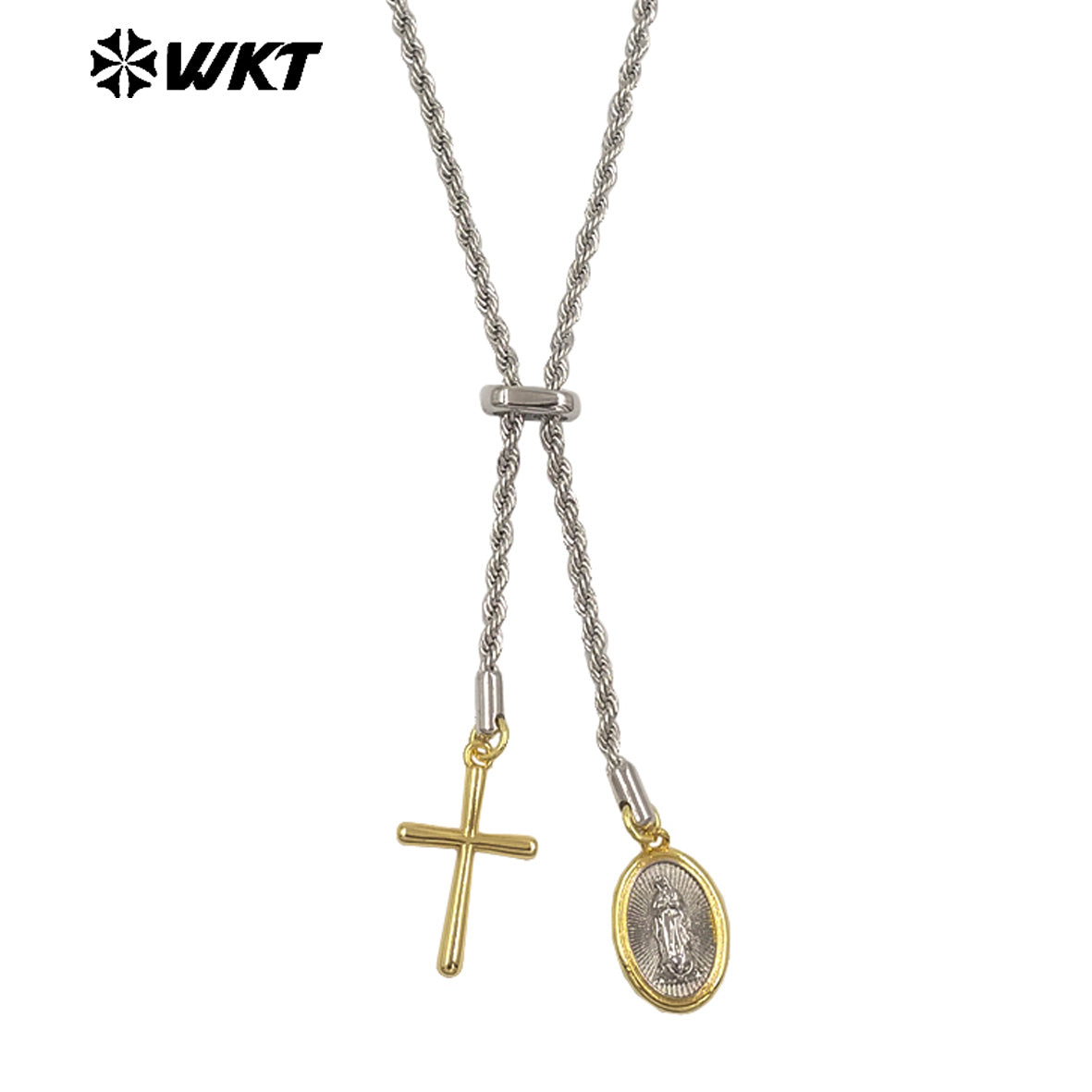 WT-JFN56 Religious Style Silver Chain With Yellow Brass Gold Plated Cross Round Charms Necklace As Ladies Daily Decorations