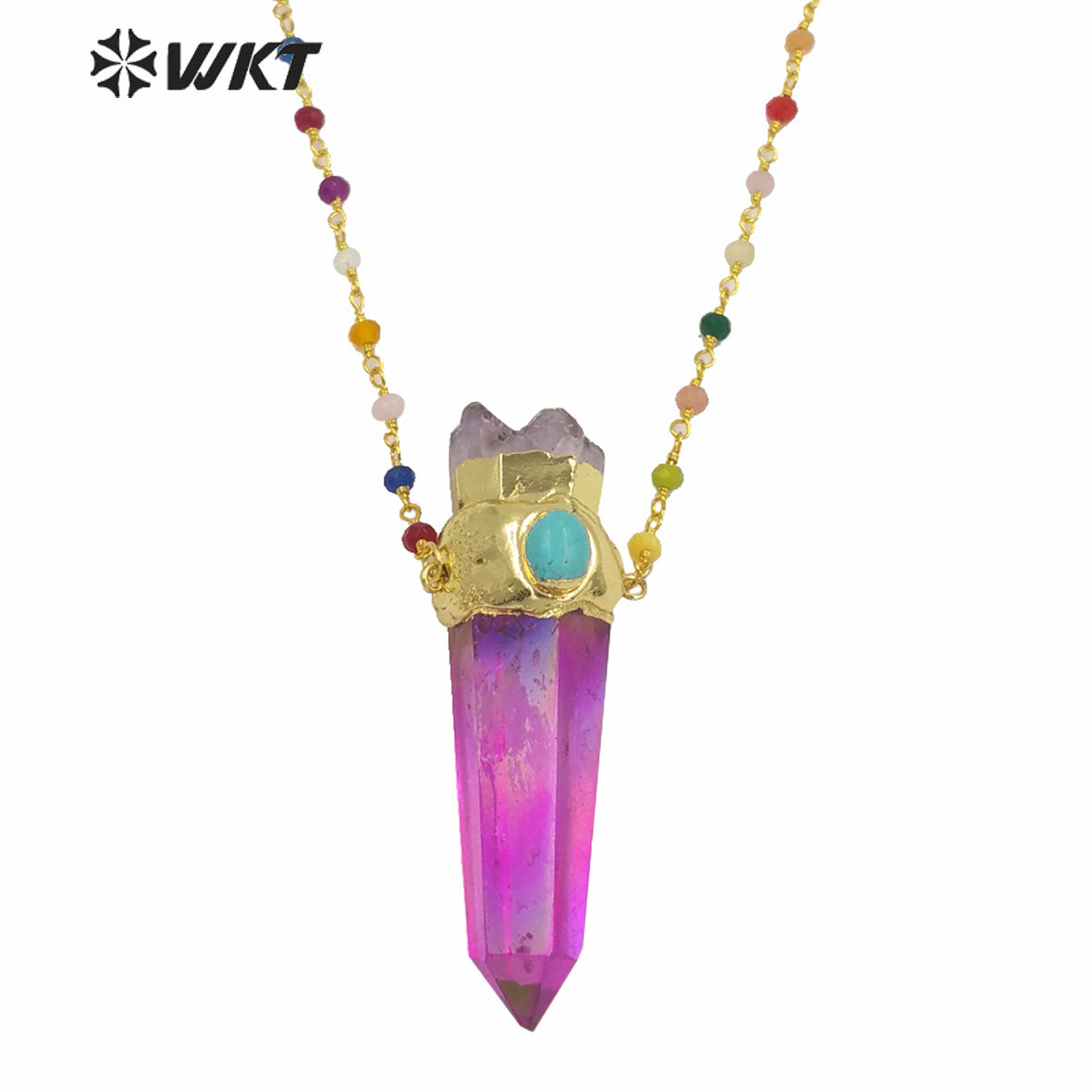 WT-N1252 Wholesale Gold Electroplated Natural Aura Spirit Quartz Necklace Women Fashion Chunky Crystal Point Quartz Necklace