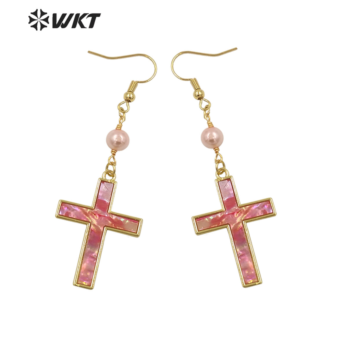 WT-MPE135 Wholesale Religious Christian Fashion Gold Bezel Setting Natural Shell Cross Pendant Earrings for Gift