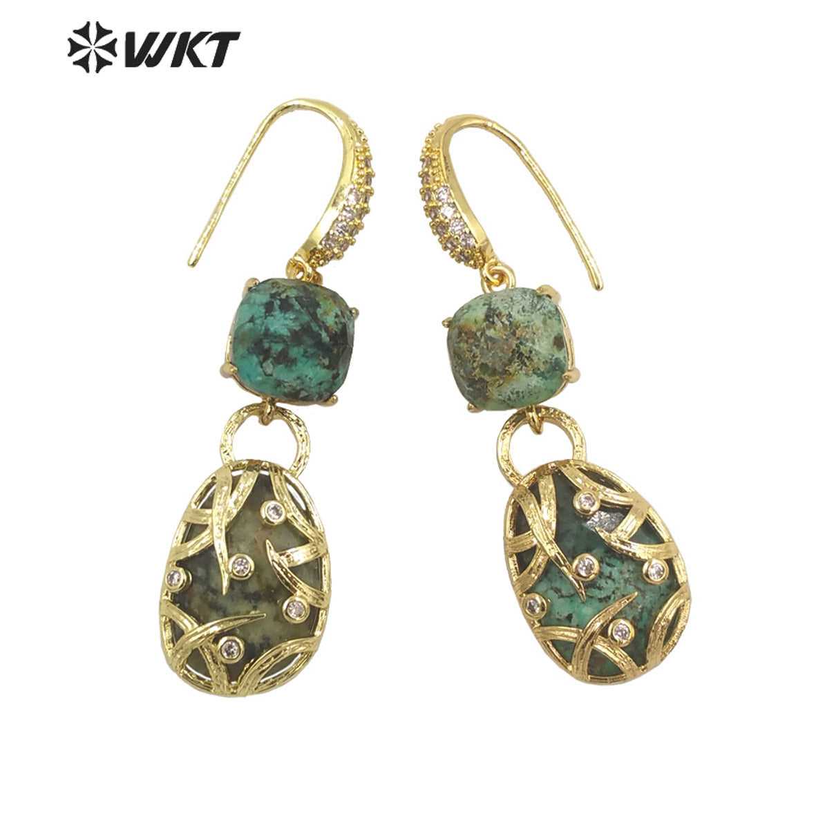 WT-E691 Fashion Double Stone Handmade Claw Setting Bezel Earrings Women Delicate Long Hoop Amethyst Stone Earrings
