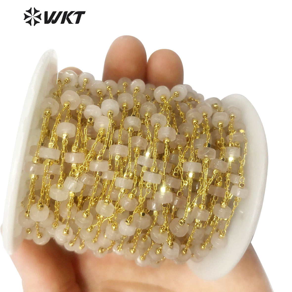 WT-RBC135 Fashion Accessory Stone Beads Chain 6mm Natural Stone Beads Rosary Necklace Chain Gold Plated Jewelry Beads Chain
