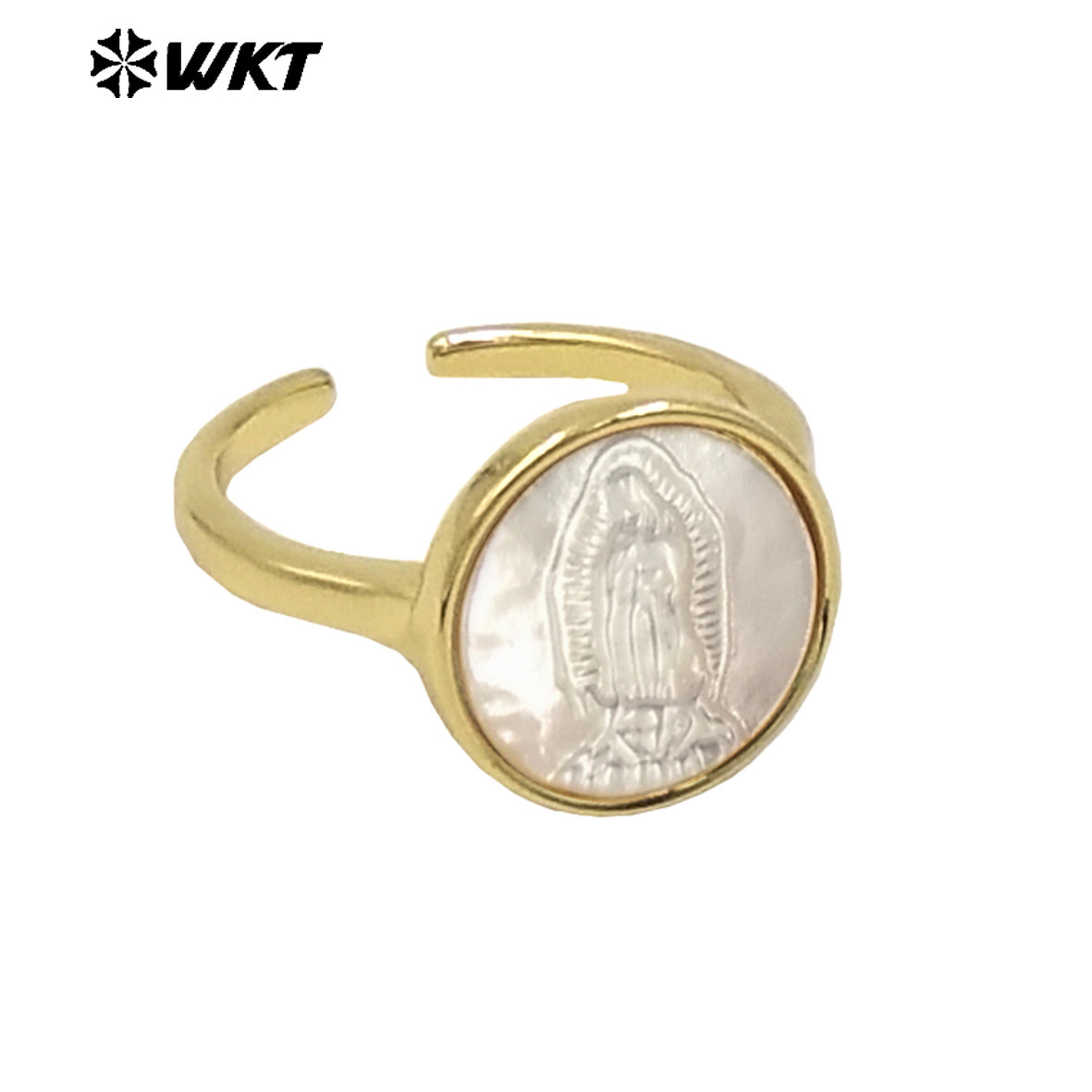 WT-MPR091 WKT New Religious Jewelry Design Elegant White Mop Carved Lady of Grace Saint Ring for Women