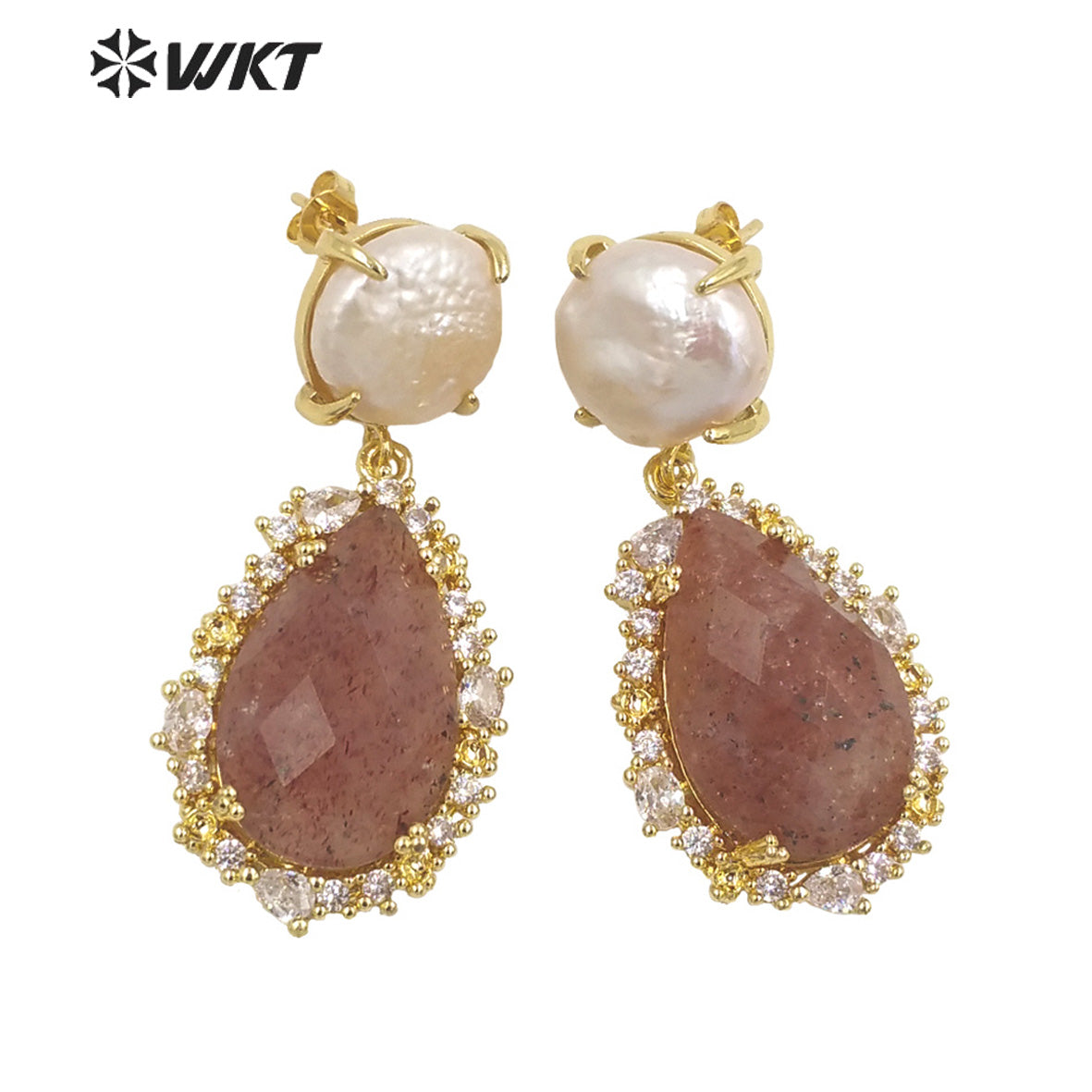 WT-E698 Unique Micropaved Gold Bezel Cubic Zircon Natural Teardrop Stone Pearl Earrings Gorgeous Drop Turquoise Stud Earrings