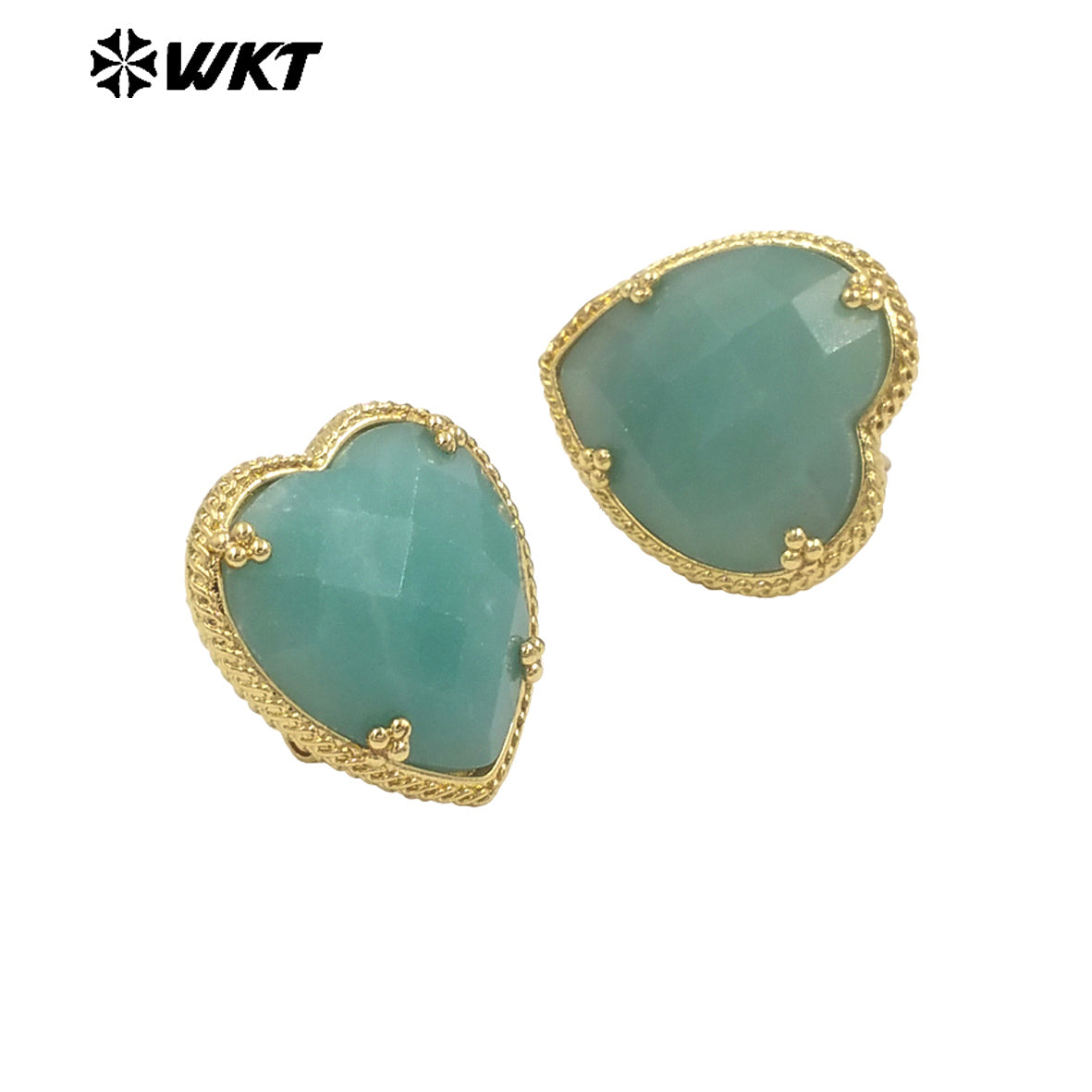 WT-E787 Newest Romantic Design Natural Gemstones Heart Studs Shape Amazonite Stone Gold Plated Women Lovely Jewelry Earrings