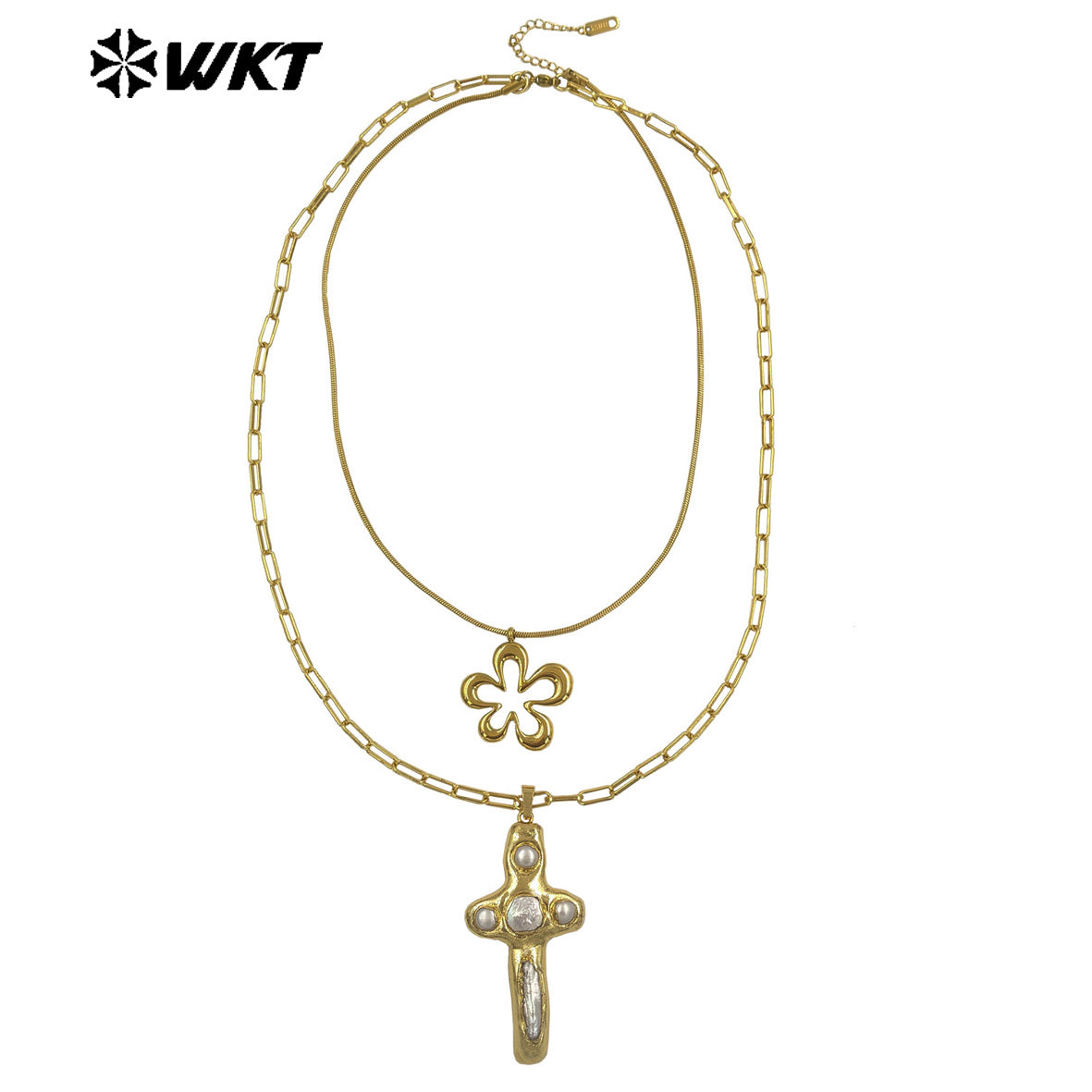 WT-JN366 Vintage 18K Gold Plated Natural Freshwater Pearl Cross And Flower Star Pendant Double Layers Necklace As Party Gifts