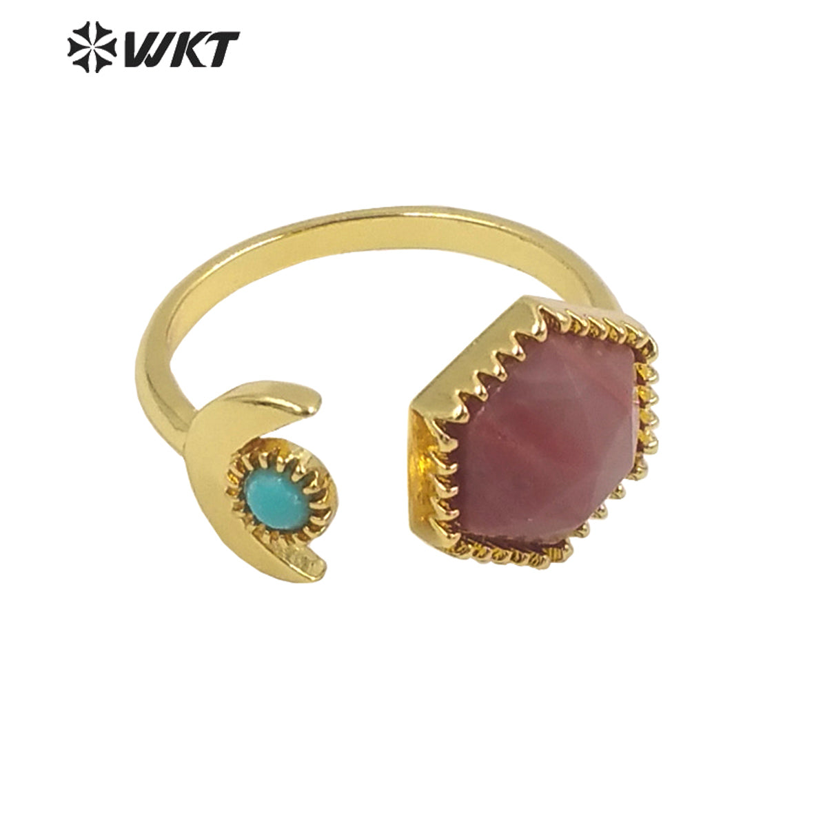 WT-R426 Delicate Fashion Gold Open Size Double Stone Ring Natural Gemstone Hexagon Double Stone Gold Bezel Ring for Girls