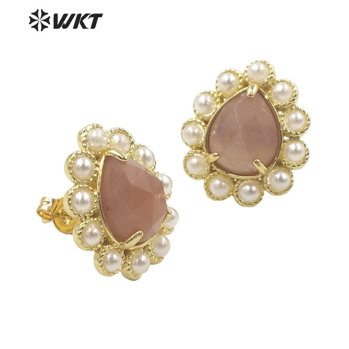 WT-MPE124 Charming Drop Natural Gemstone Made With Artificial Pearl Gold Bezel Setting Women Earring Studs