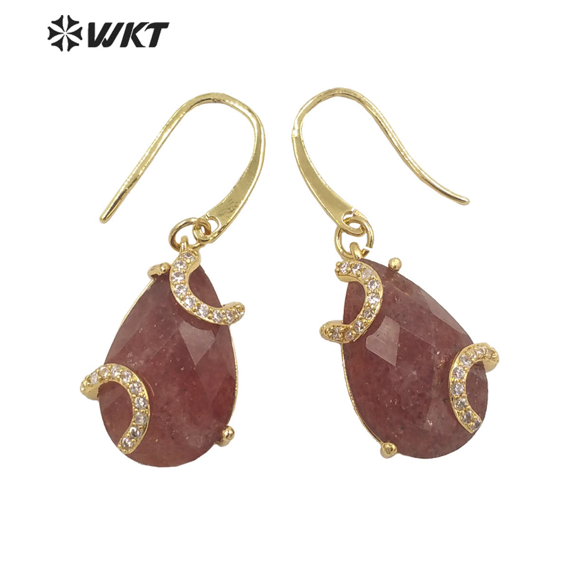 WT-E688 Wholesale Fashion Gold Prong Setting Natural Teardrop Stone Earrings Gorgeous Faceted Gemstone Micropaved Pear Earrings
