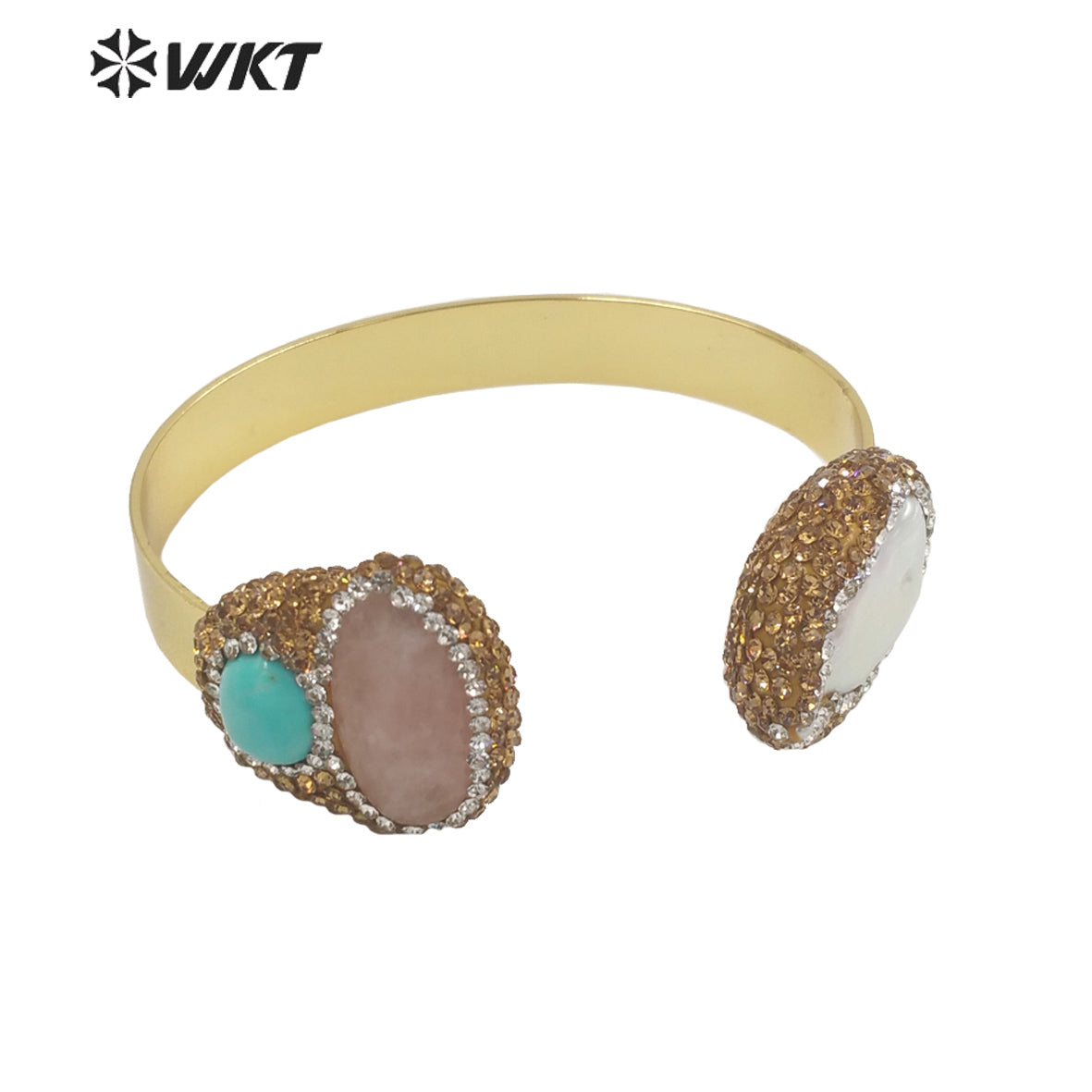 WT-MPB088 WKT Amazing Gorgeous Double Stone Bangle 18k Gold Plated Natural Sun Stone Amazonite Pearl Bangle in Adjustable