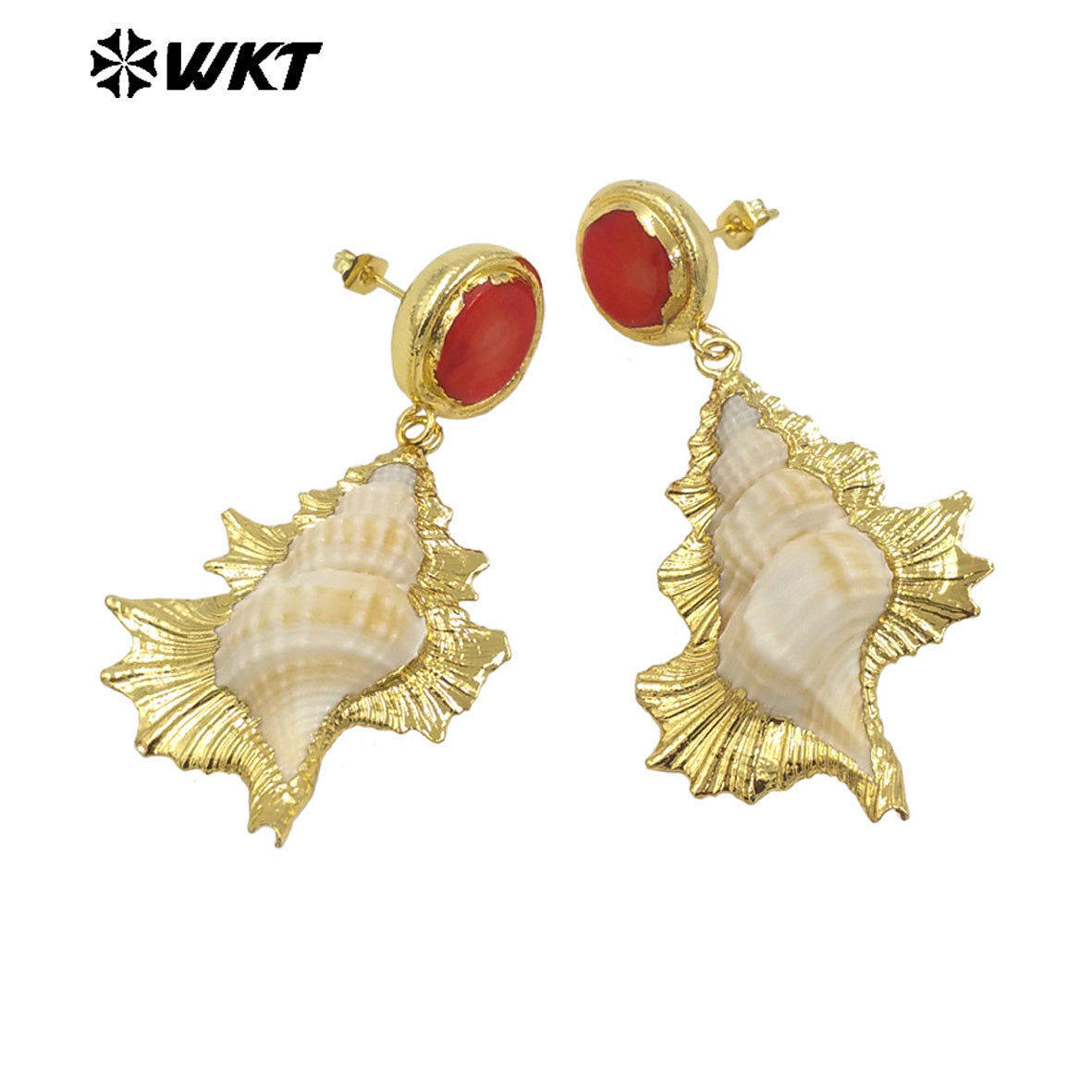 WT-MPE140 New Arrivals Fashion Unique Design 18K Gold Plated Red Coral Shell Trumpet Earrings Jewelry for Women As Special Gift