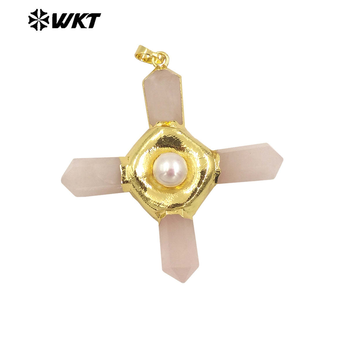 WT-P1967 Wholesale Fashion Gold Plated Cross Healing Energy Gemstone Point Anchor Pendants Special Rose Quartz Jewelry