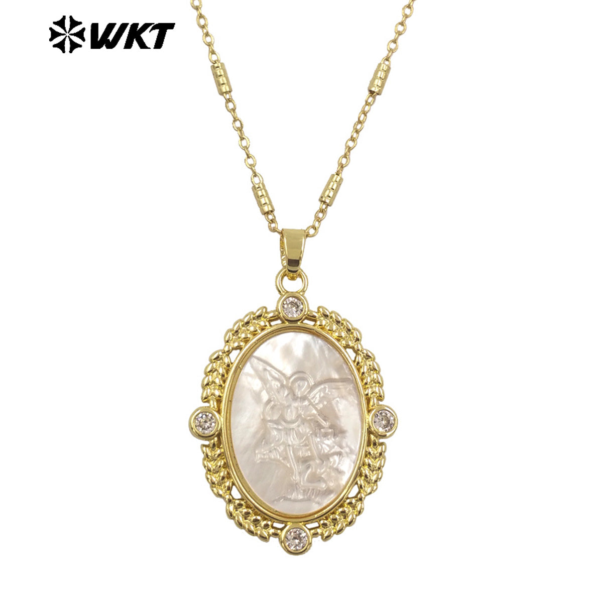 WT-JN274 Gorgeous New Design Elegant 18K Gold Bezel Setting Christian Religious Guardian Angel Shell Necklace