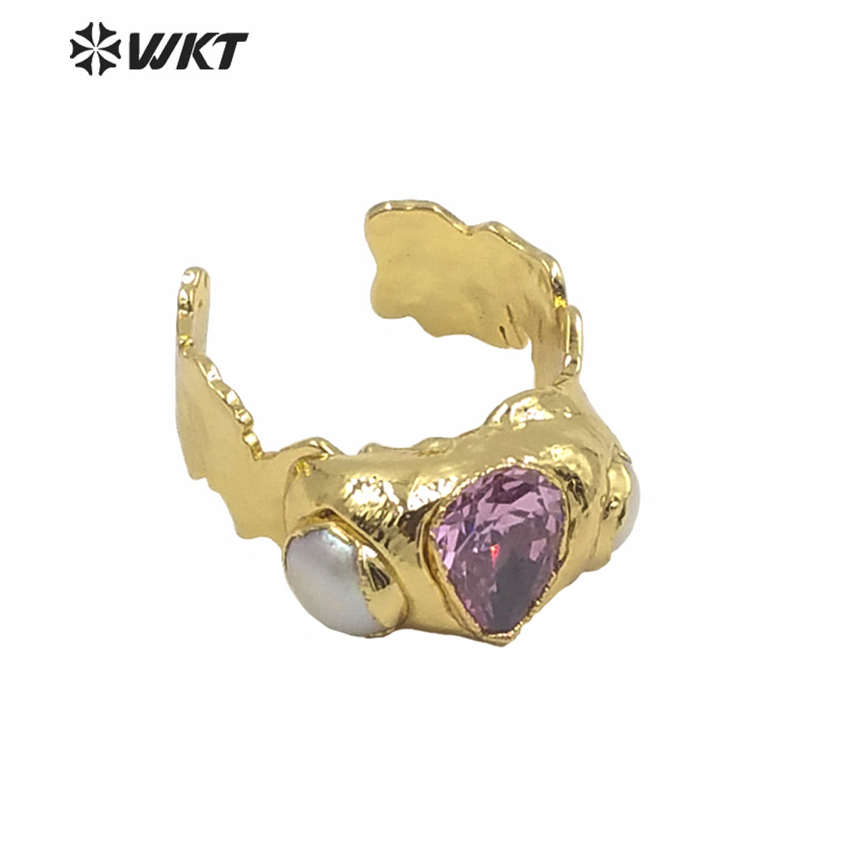 WT-MPR011 WKT Exclusive Gorgeous Natural Pearl CZ Stone Cocktail Ring Women Fashion Gold Electroplated Irregular Lava Stone Ring