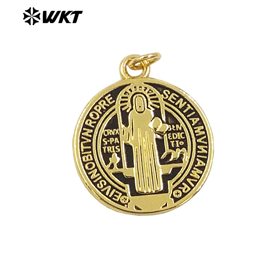 WT-MP294 Unique Spring Design Round 18K Real Gold Plated Brass Medal Christian Religious St Benedict Pendants