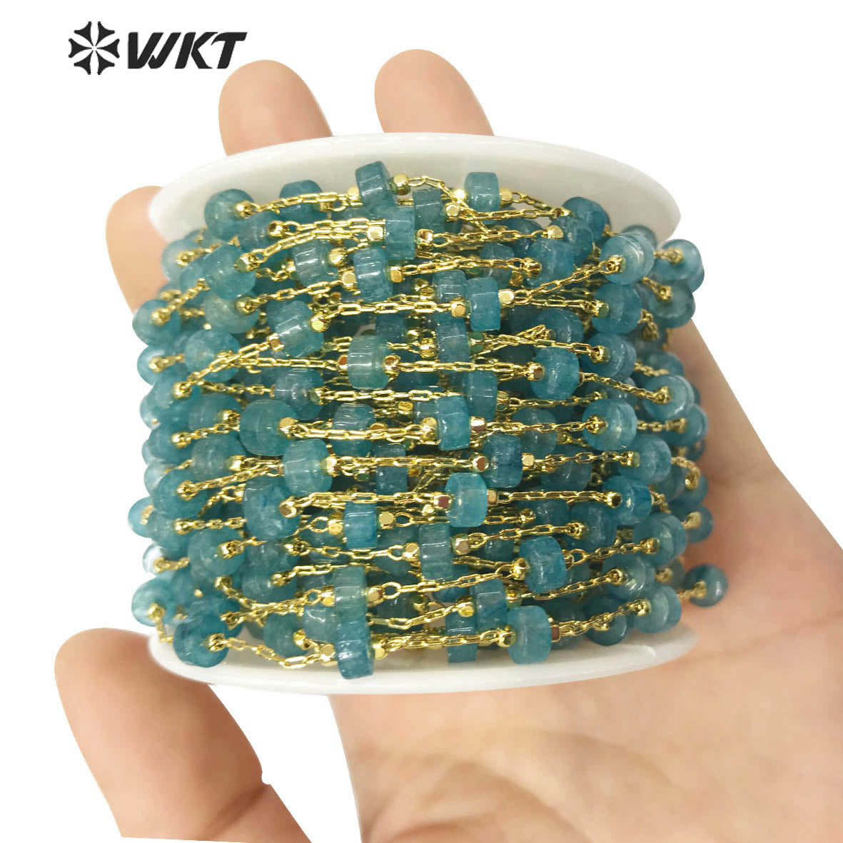WT-RBC133 Stylish Accessory Stone Beads Chain 6mm Natural Stone Beads Rosary Necklace Chain Gold Plated Jewelry Beads Chain