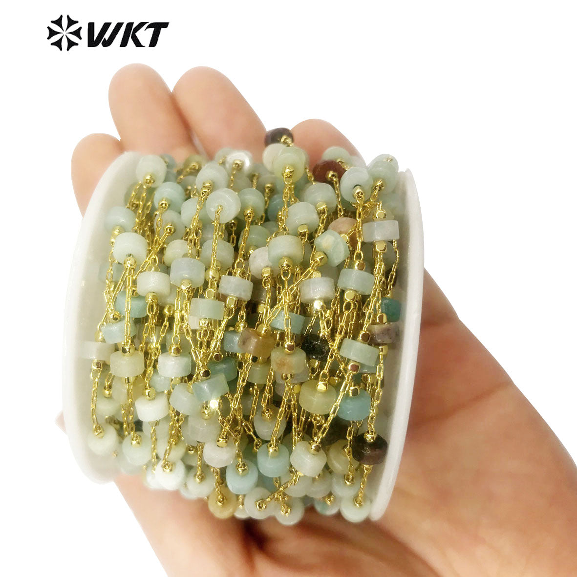WT-RBC135 Fashion Accessory Stone Beads Chain 6mm Natural Stone Beads Rosary Necklace Chain Gold Plated Jewelry Beads Chain