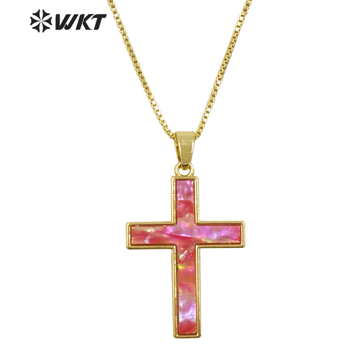 WT-JN277 Wholesale Amazing Christian Natural Shell Cross Pendant Necklace Gold Bezel Setting Unisex Jewelry
