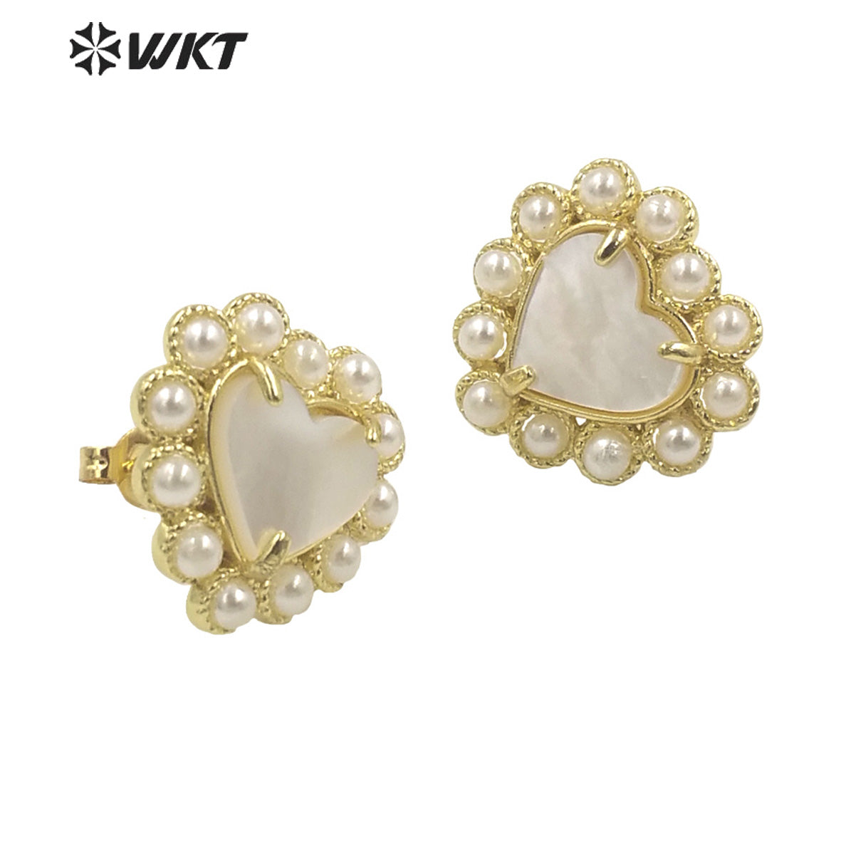WT-MPE123 Wholesale Gold Plated Artificial Pearl and Natural Abalone Shell Heart Girl Earrings Popular Fashion Boho Studs