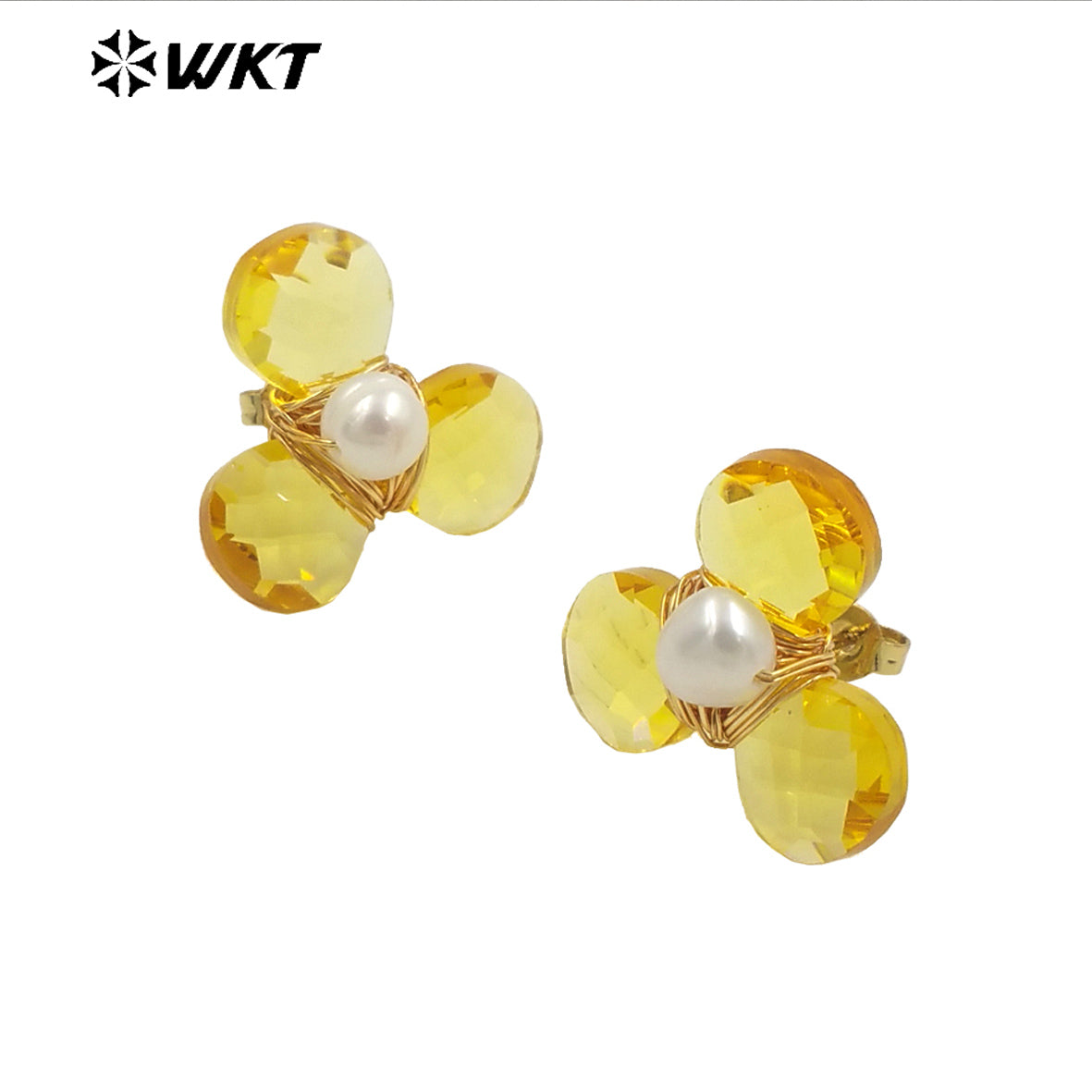 WT-E723 Women New Earrings Design Colorful Cat Eye Stone Flower Studs Handmade Wire Wrapped Pearl Leaf Fashion Girl Earrings