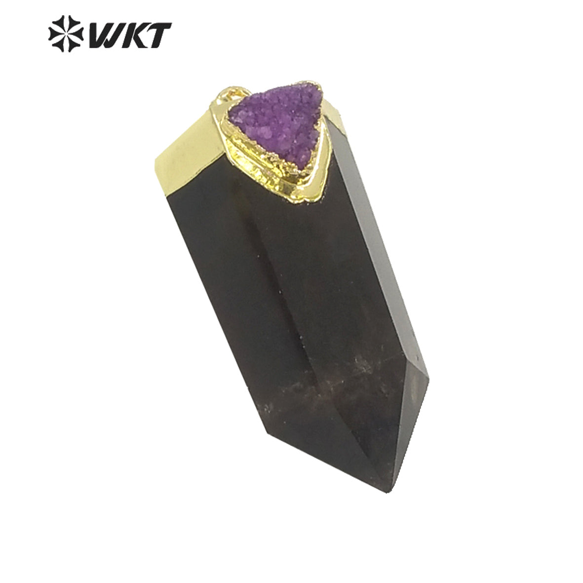 WT-P1609 WKT New Design Wholesale Natural Smoky Quartz Pendant Women Gold Hexagonal Quartz with Druzy Charm Pendant