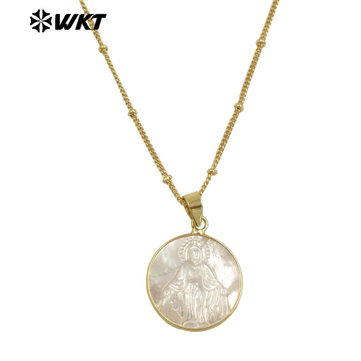 WT-JN032 New Hotsales White Shell Carved Mary of Guadalupe Pendant Necklace, Gold Bezel White Shell Jesus Mary Necklace
