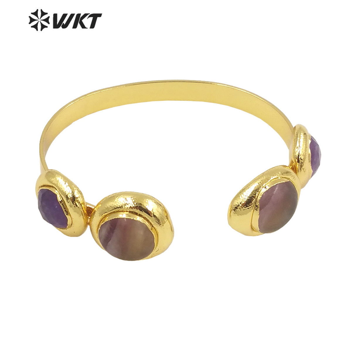 WT-B592 WKT 2022 Fashion Jewelry Sun Stone Amethyst Black Obsidian Adjustable Gold Bangle Natural Triple Stone Bangle
