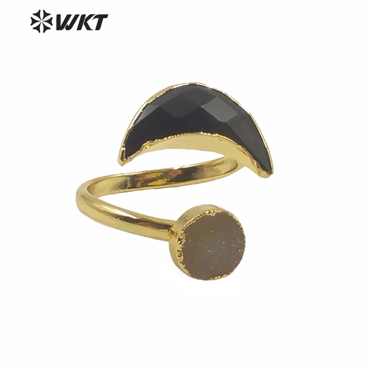 WT-R357 Wholesale Women Double Stone Cock Tail Ring Natural Gold Electroplated Druzy Agate Stone Ring Crescent Horn Stone Rings