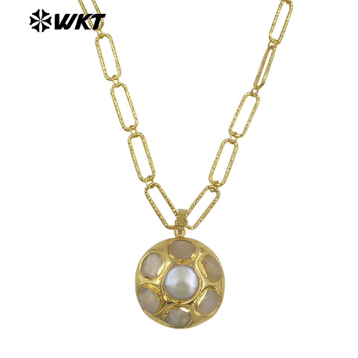 WT-N1493 Amazing Big 18k Real Gold Plated Link Chain Necklace With Round Natural Gemstone and Pearl Assemble Pendants Necklace