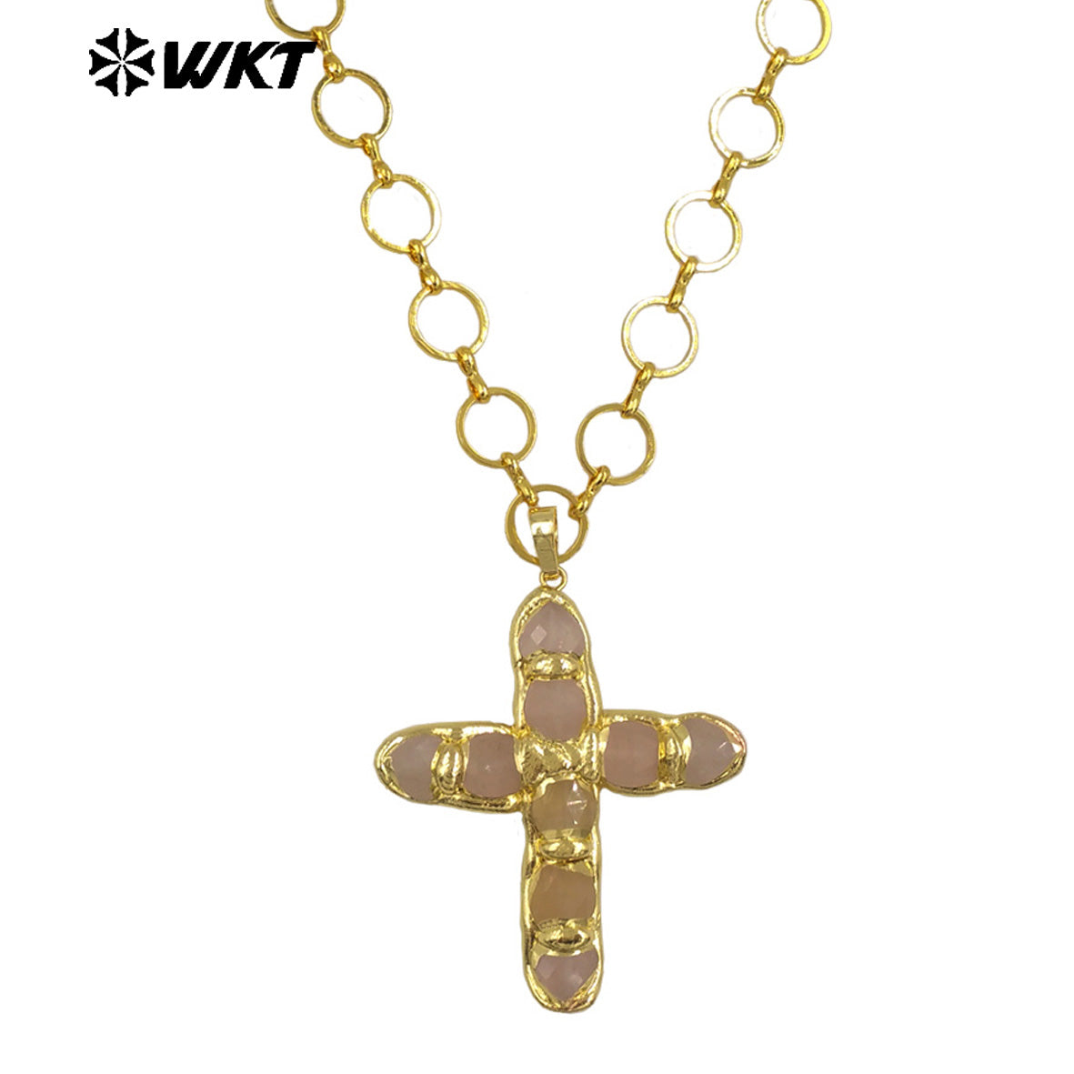 WT-N1491 Amazing High Quality Natural Gemstone Christian Necklace Cross Shape Gold Plated Circle Chain in Multi Colors