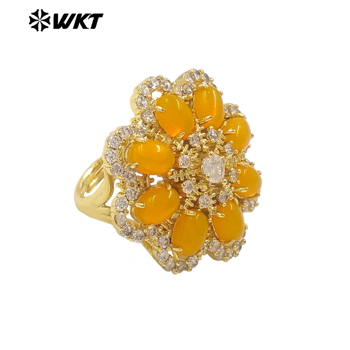 WT-R542 Wholesale Fashion Gold Micro Pave Cubic Zircon With Natural Gemstone Setting Beautiful Women Flower Ring
