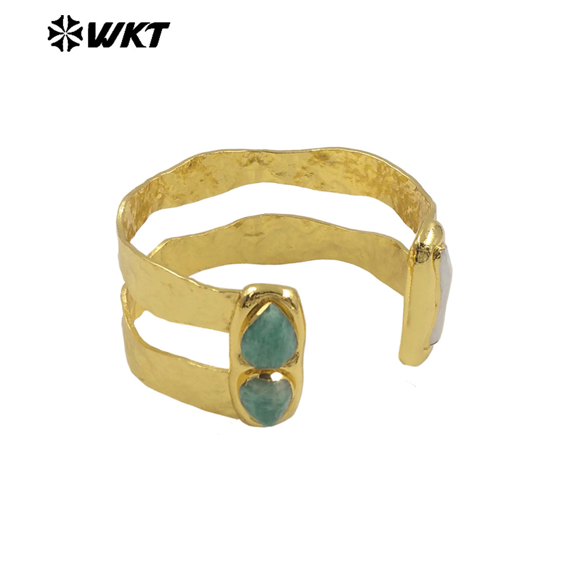 WT-B656 Wholesale Fashion New Gold Plated Resist Tarnishable Multi Stone Setting Freshwater Pearl and Amazonite Bangle