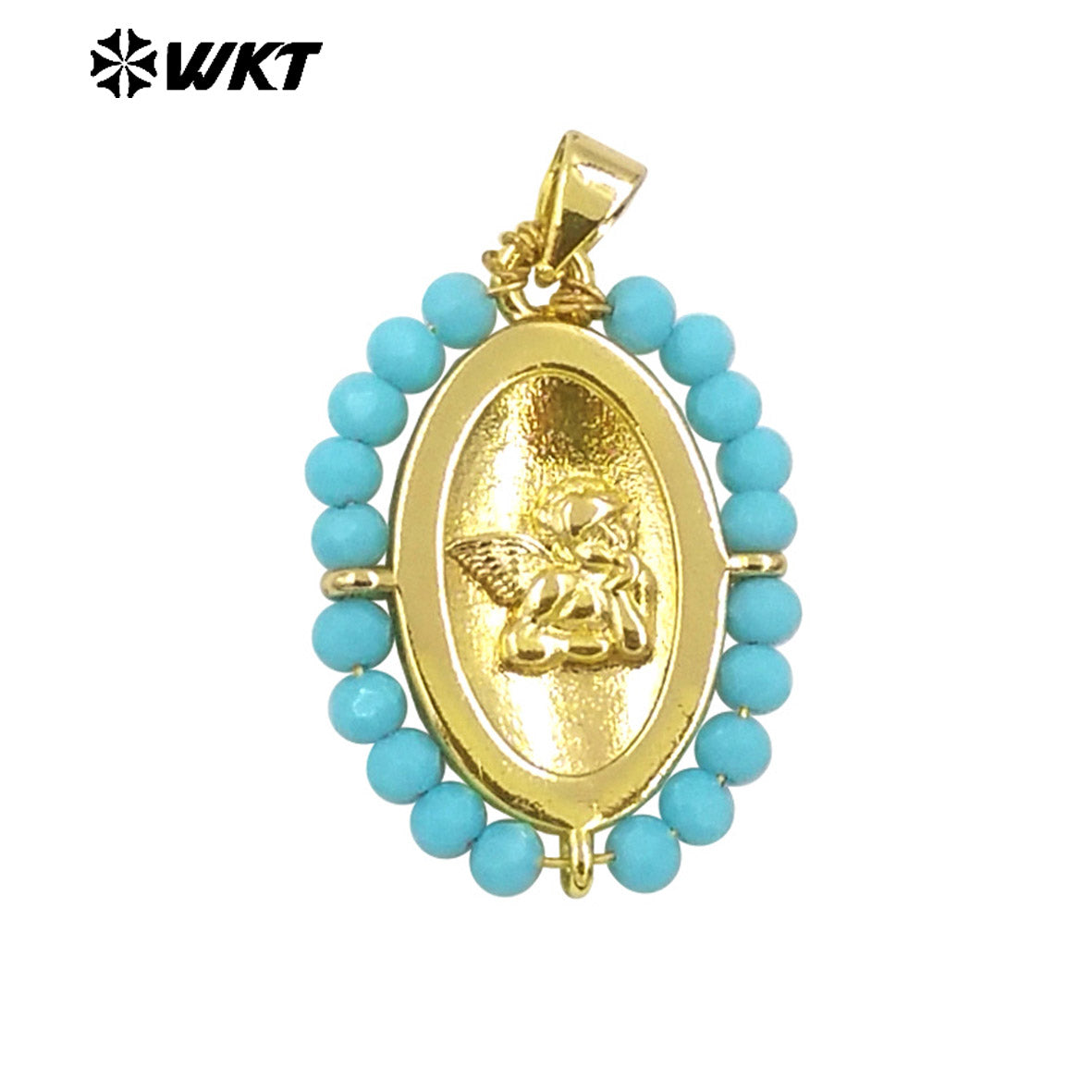 WT-MN994 2024 New Popular Gold Plated With Handmade Crystal Wire Wrapped Beads Around Angel Medal Christian Jewelry Necklace