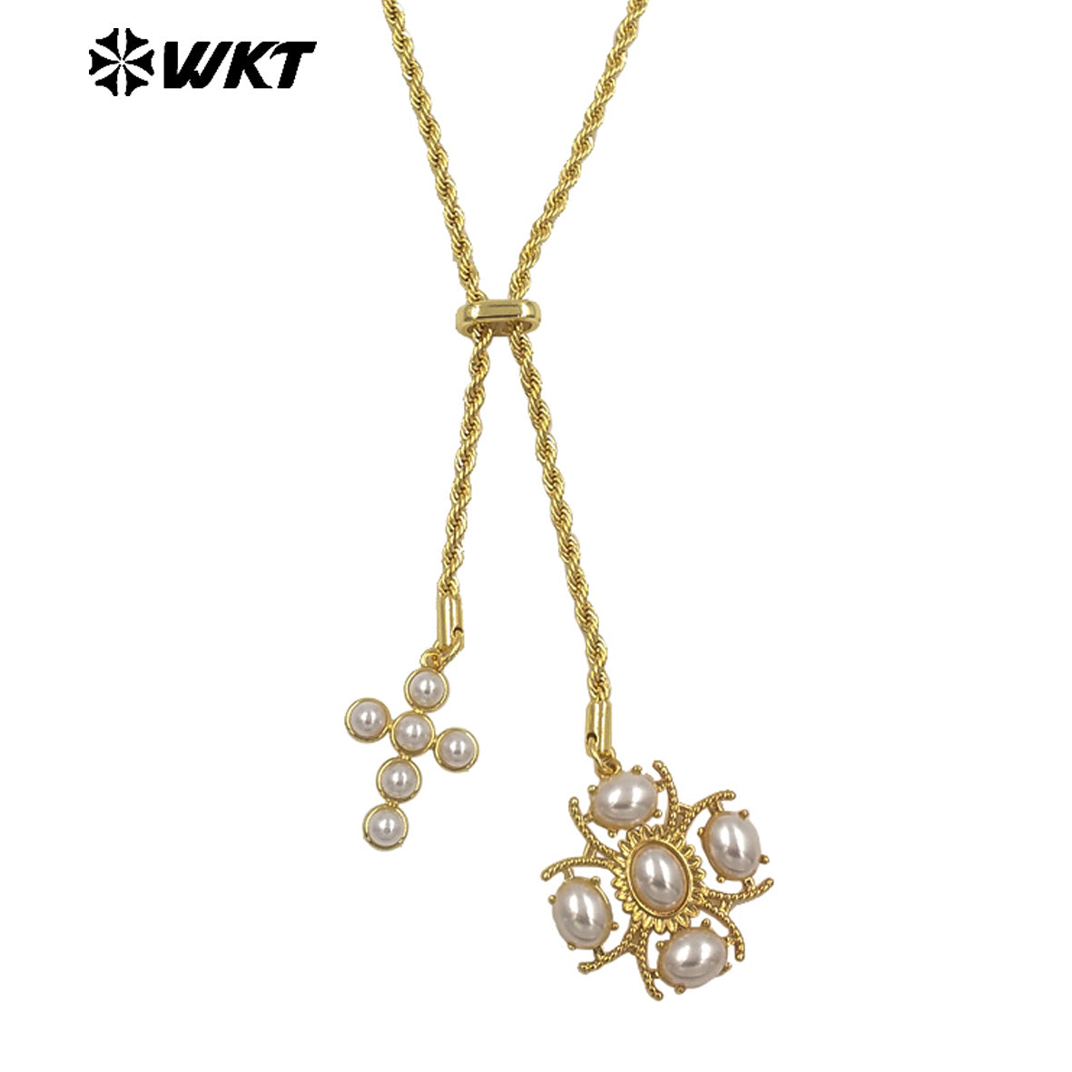 WT-JFN52 Elegant Style Brass And Artificial Pearl Gold Plated Cross Heart Shape Charms Metal Necklace For Friends Romantic Gift