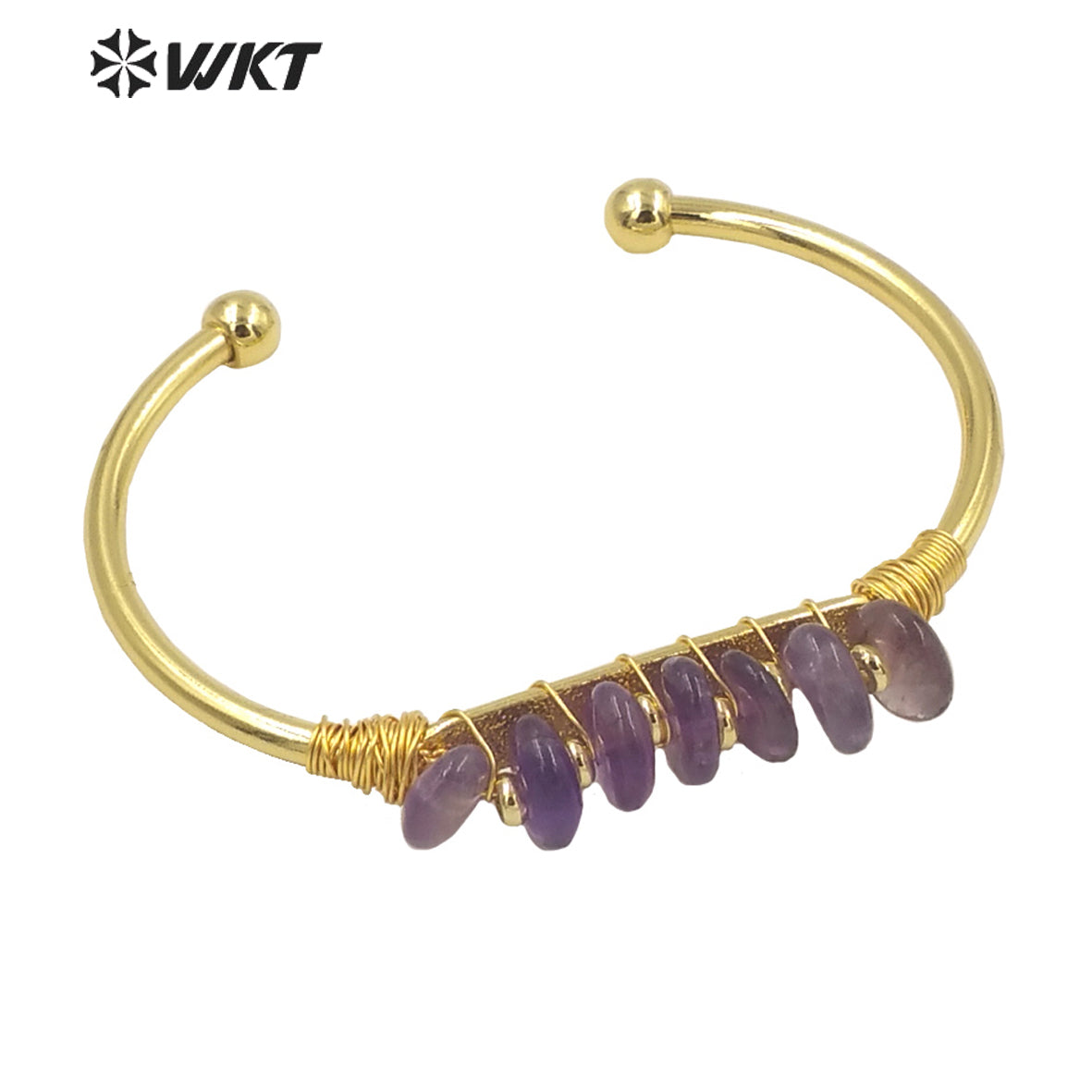 WT-B580 WKT Lovely Popular Gold Electroplated Open Size Cuff Bangle Women Bohemian Natural Gemstone Beads Wire Wrapped Bangle
