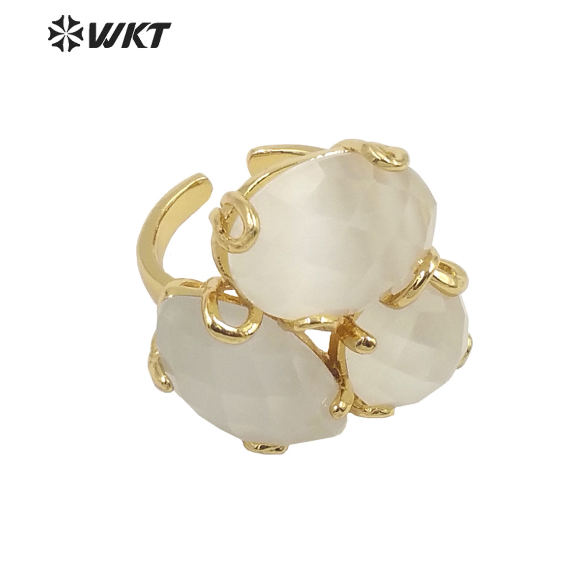 WT-R420 Europe Court style colorful Cat Eye stone Ring 18k real gold plated triple stone Flower Ring with Prong setting