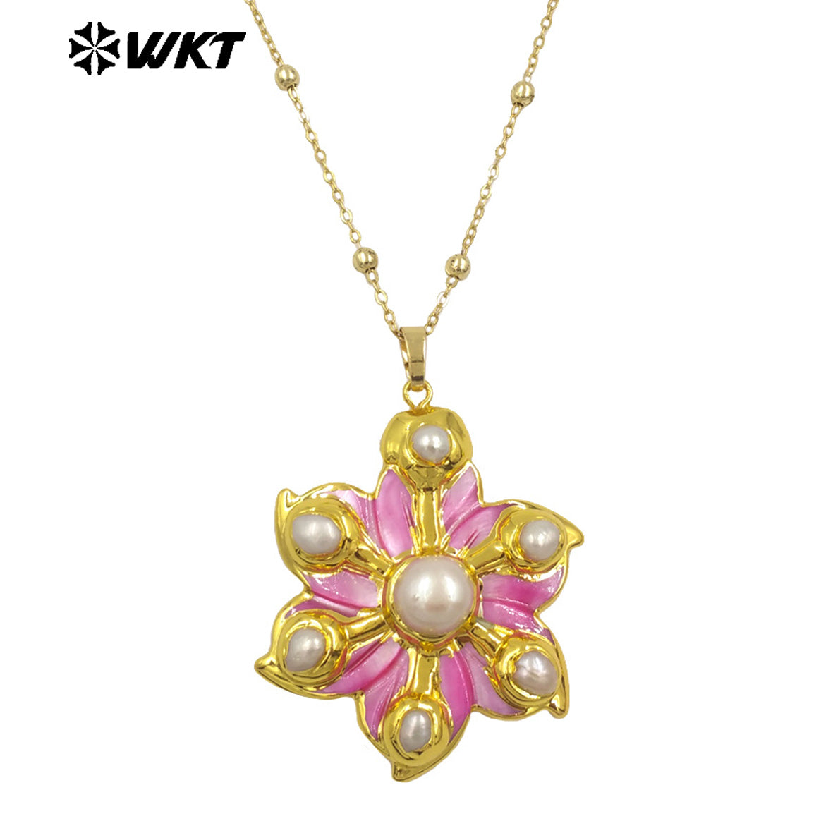 WT-JN294 the New Romantic 18K Gold Plated Natural Shell Six Pearl Flower Shaped Necklace for Lovely Woman As Birthday Gift