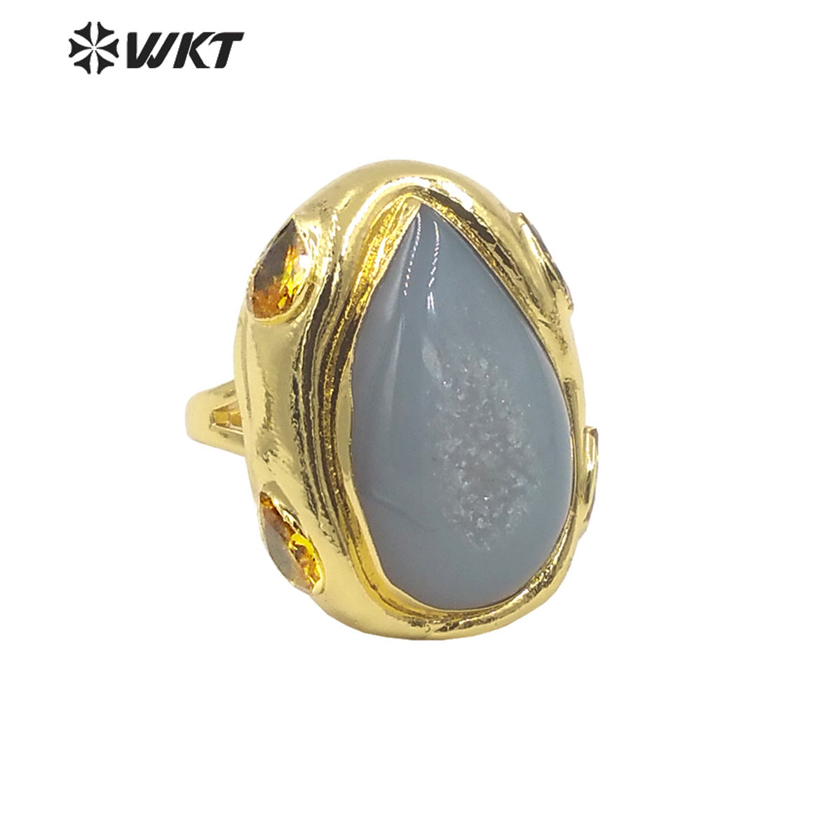 WT-R500 Gorgeous 18K Gold Plated Natural Druzy Geode Agate Teardrop Fashion Designer Unique Grey Stone Jewelry Ring