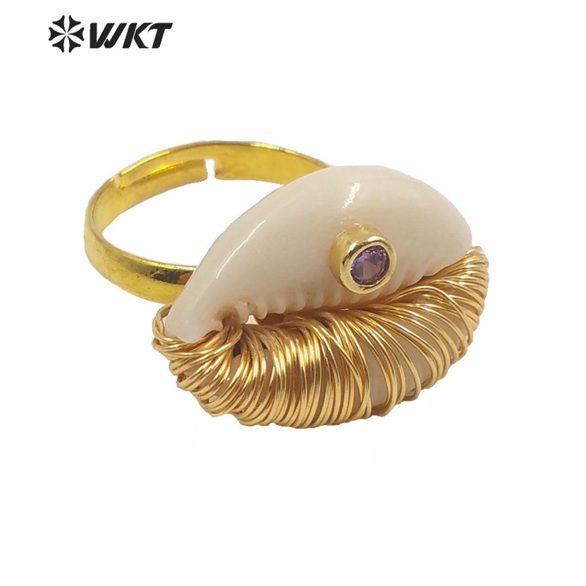 WT-MPR003 New Summer Hot Wire Brass Handmade Wrapped Natural Sea Cowrie Ring With Cz Charm Fashion Gold Summer Conch Rings