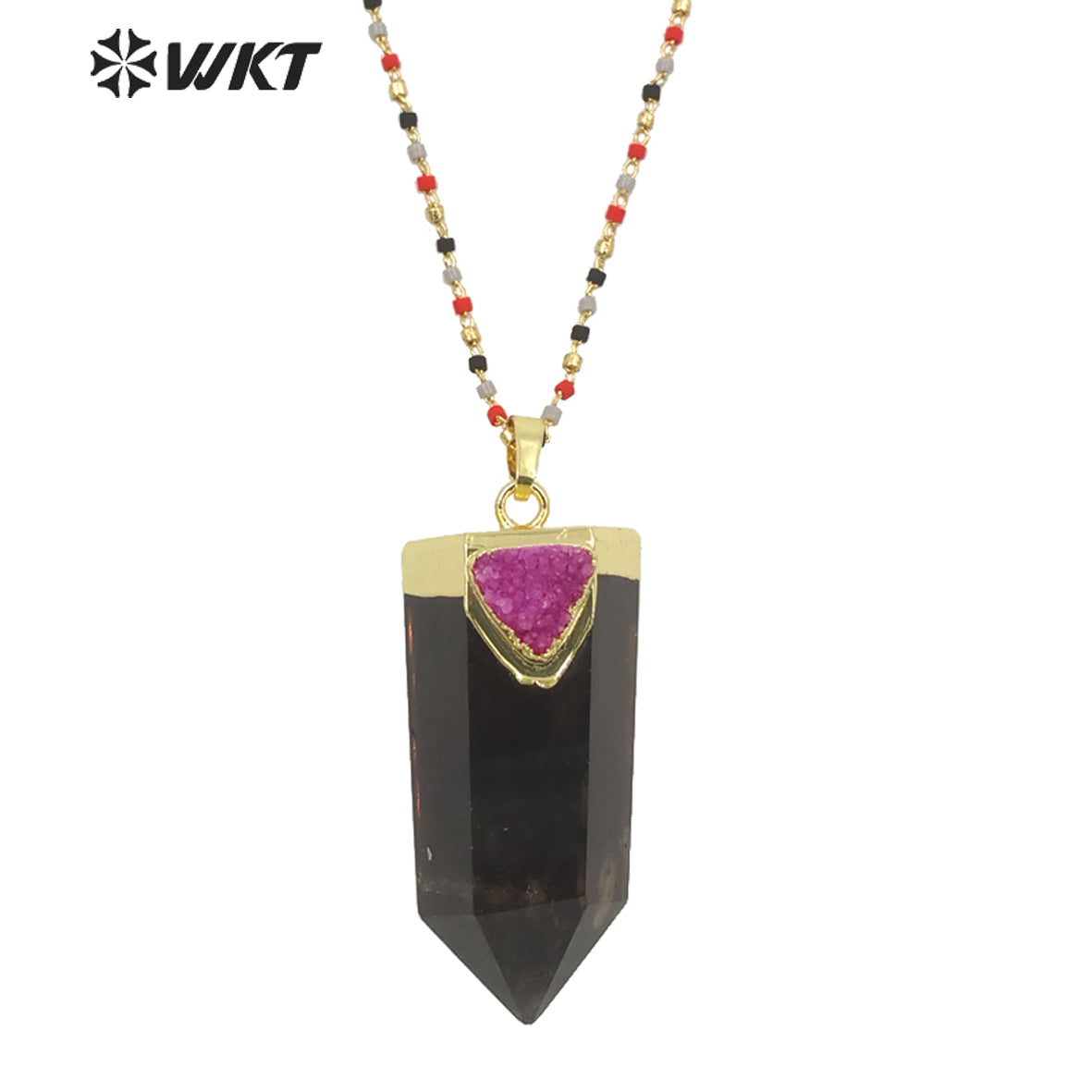 WT-N1291Wholesale Fashion Gold Plated Hexagon Quartz Point Stone Necklace Lady Populared Natural Gemstone Smoky Stone Necklace