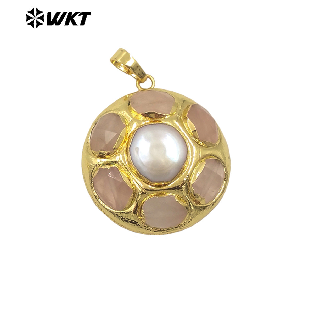 WT-JP411 Amazing Fashion Gold Plated Handmade Bezel Setting Natural Round Natural Stone and Pearl Flower Pendants