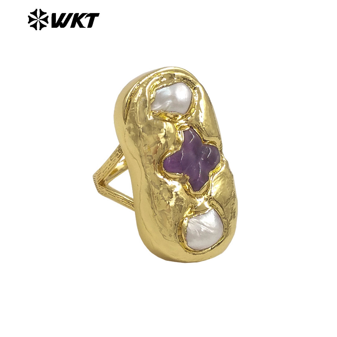WT-MPR154 Exclusive Design Gold Plated Amethyst Natural Gemstone And Freshwater Pearls Cross Rectangle Rings For Party Jewelry
