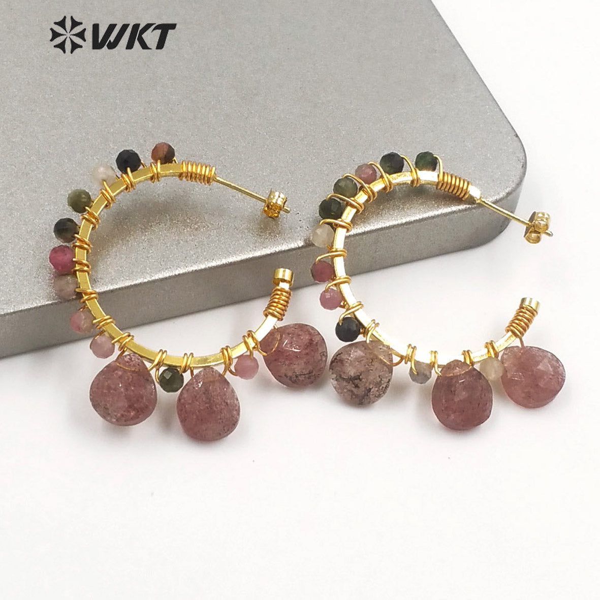 WT-E694 Wholesale Fashion Gold Plated C Shape Wire Wrapped Stone Earrings Attractive Teardrop Stone Crescent Moon Earrings