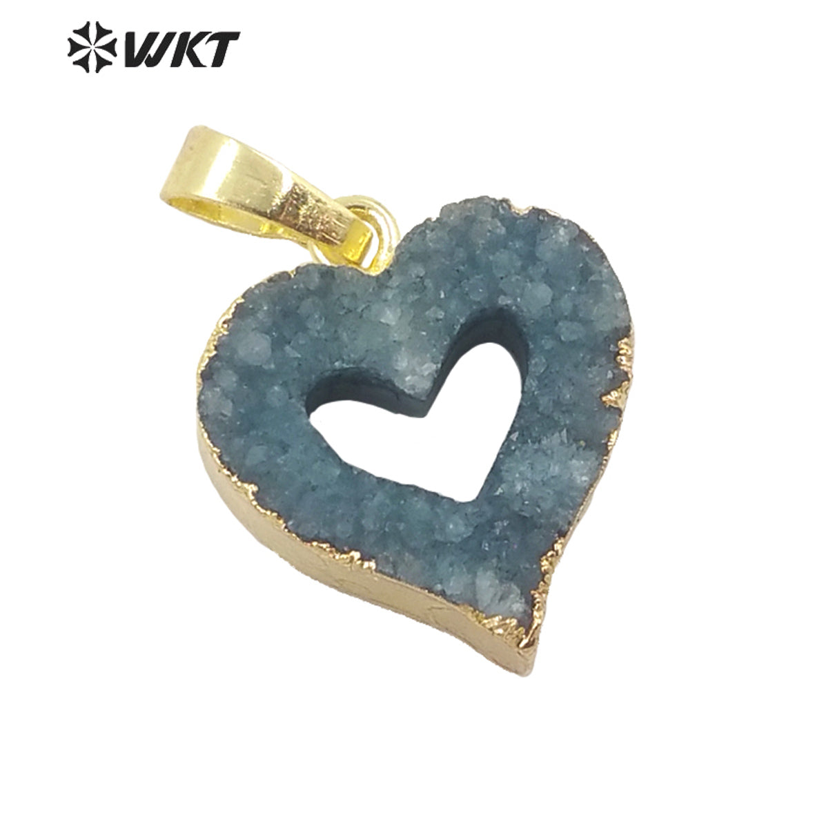 WT-P1668 Wholesale Fashion Small Hollow Heart Druzy Quartz Pendant Resist Tarnishable Gold Trim Druzy Heart Pendant