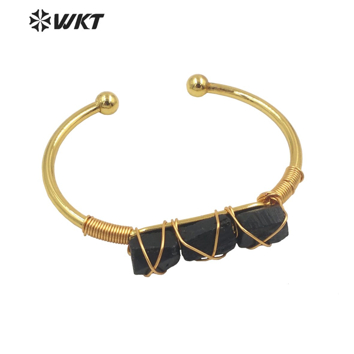 WT-B615 Wholesale New Women Handmade Wire Wrapped Natural Gemstone Cuff Bangle in Open Size Boho Stone Bangle for Friends